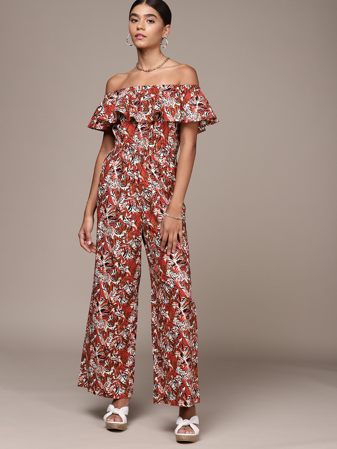 bebe Persian Red & Black Holiday Off-Shoulder Printed Jumpsuit