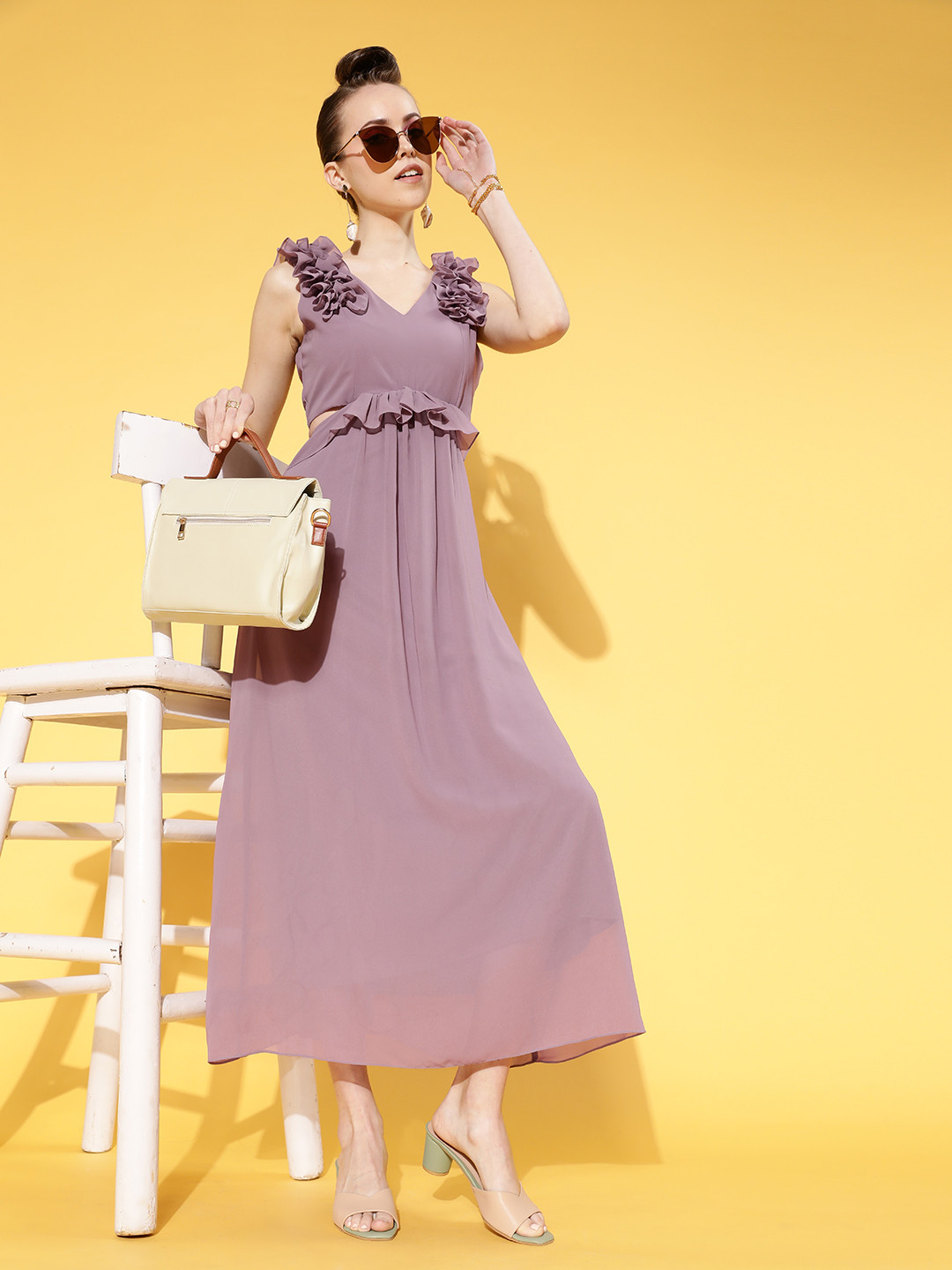 Athena Women Elegant Mauve Solid Cut-Out Dress