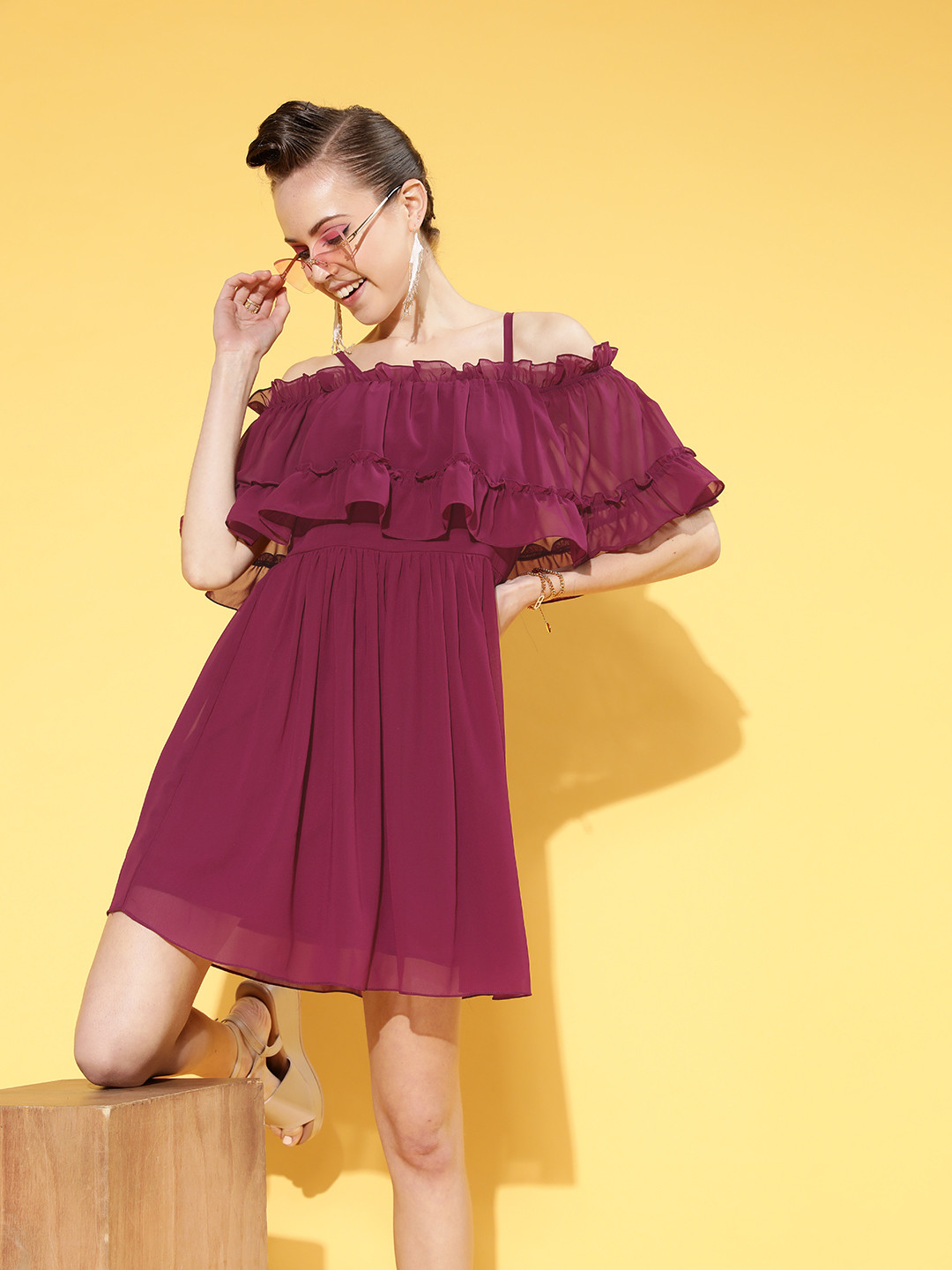 Athena Women Deep Burgundy Solid Feminine Frills Dress