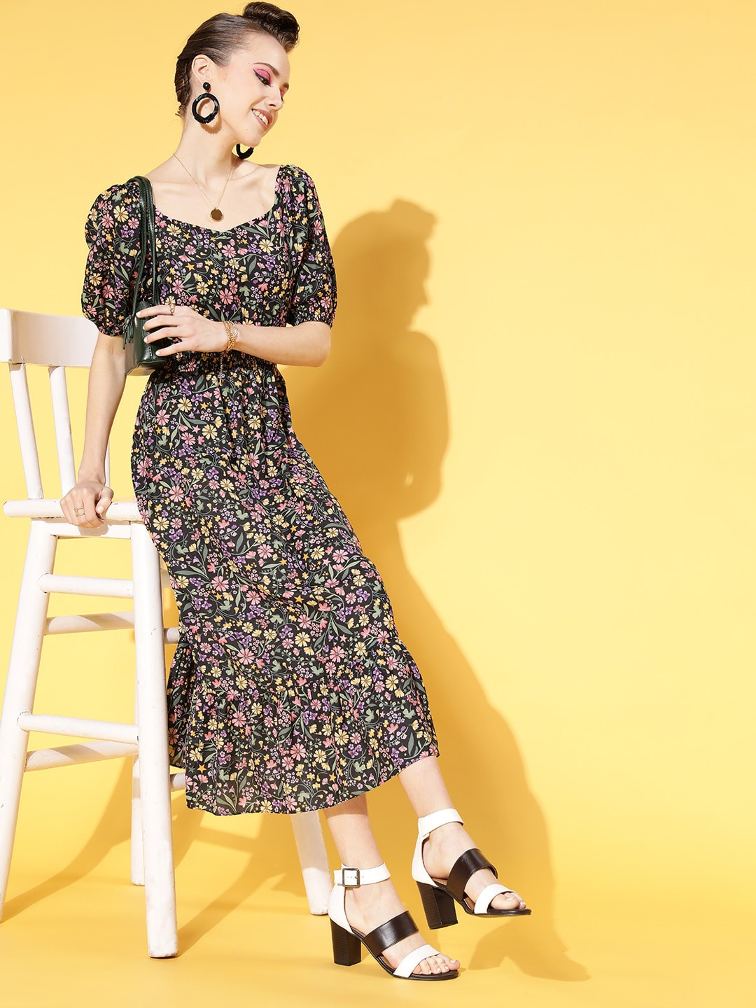 Athena Women Attractive Black Floral Sun Dress