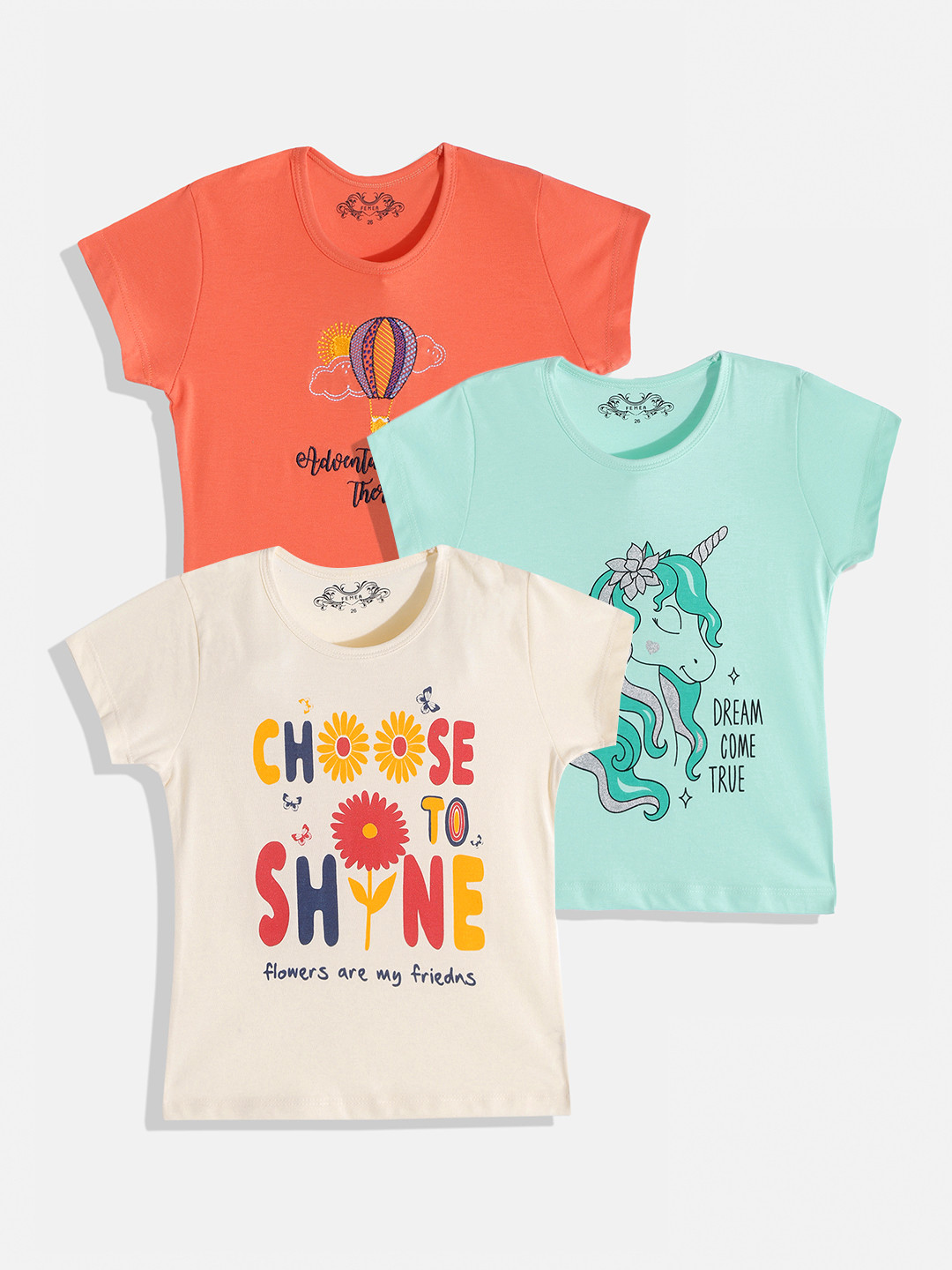 FEMEA Girls Pack of 3 Blue & Orange Typography Printed T-shirt