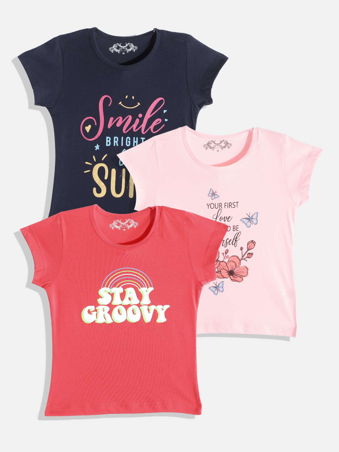 FEMEA Girls Pack of 3 Pink & Navy Blue Typography 3 Printed T-shirt