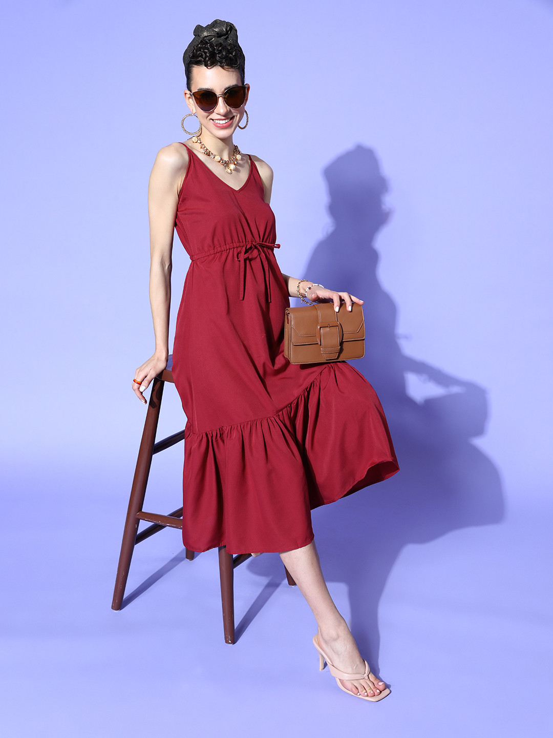 U&F Women Charming Maroon Solid Sun Dress