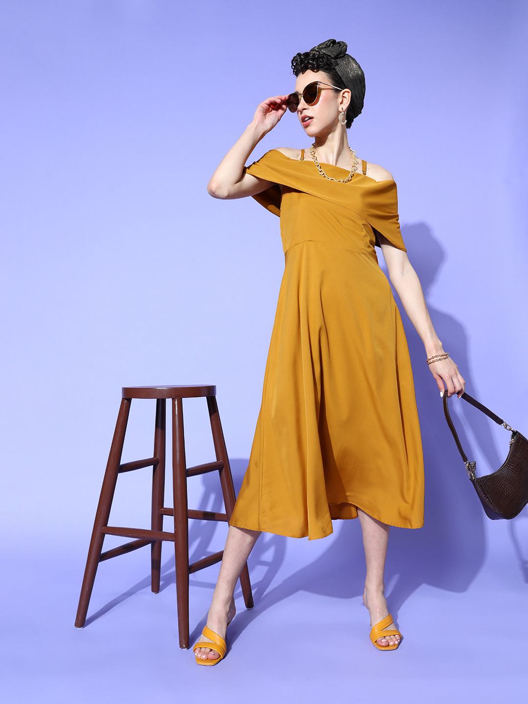 U&F Women Stylish Mustard Solid Noughties Spaghetti Dress