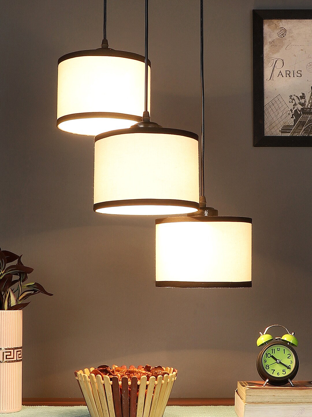 Devansh White Cotton Triple Round Cluster Hanging Lamp