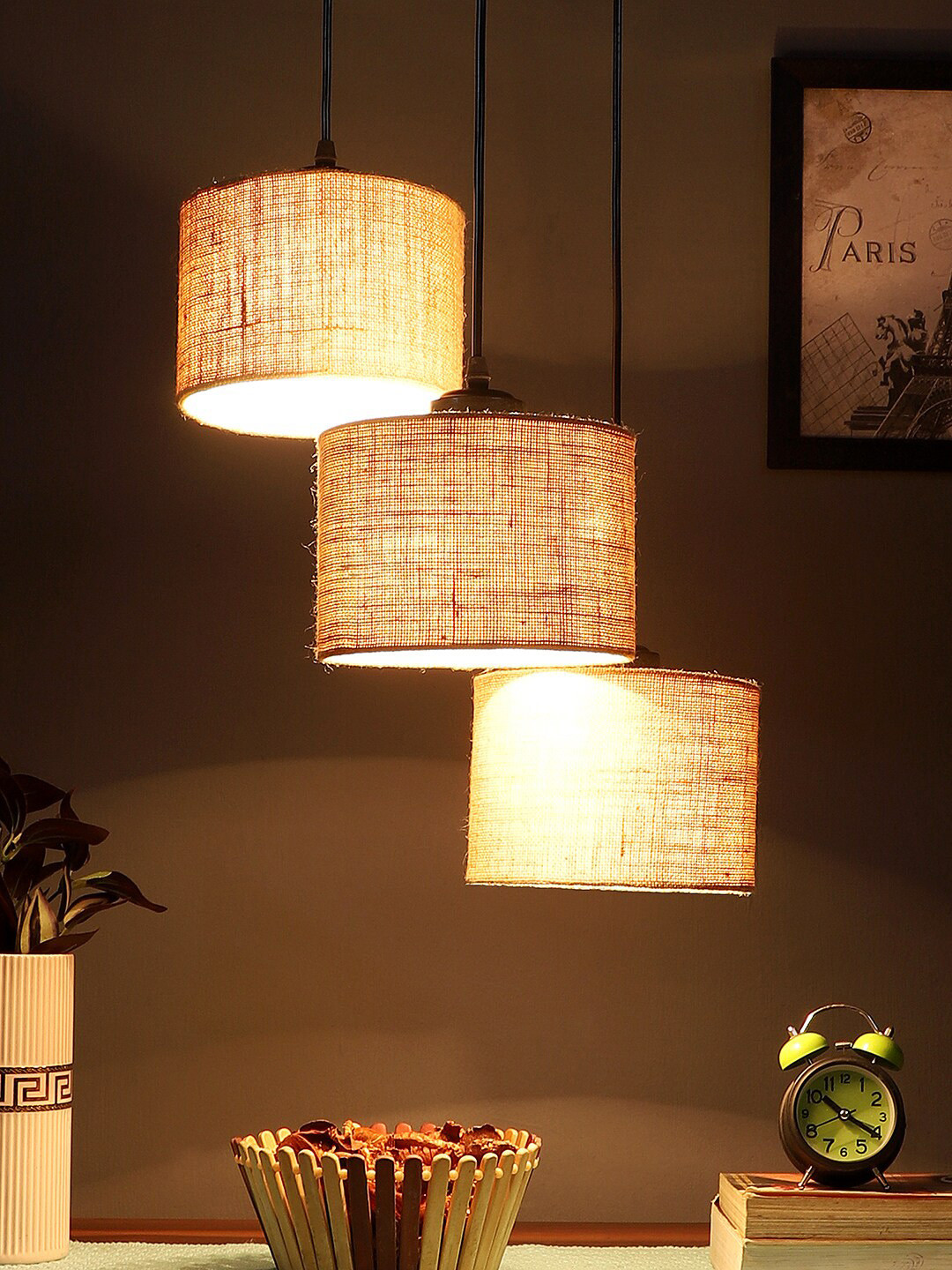 Devansh Beige Set Of 3 Jute Round Drum Cluster Hanging Lamp