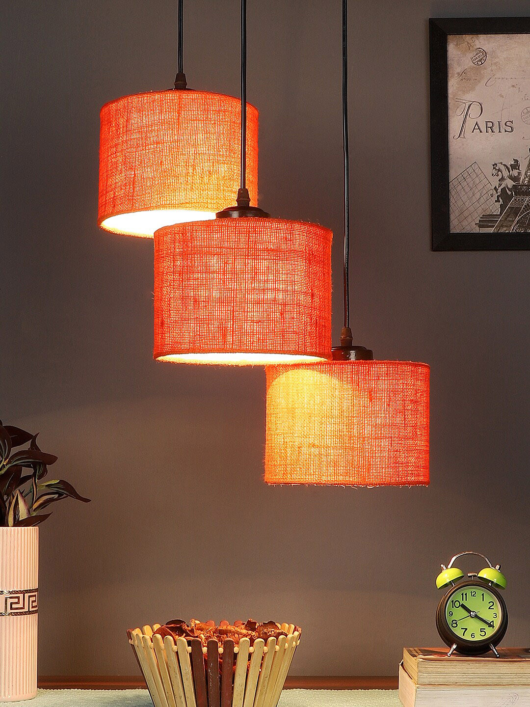 Devansh Orange Jute Round Drum Cluster Hanging Lamp