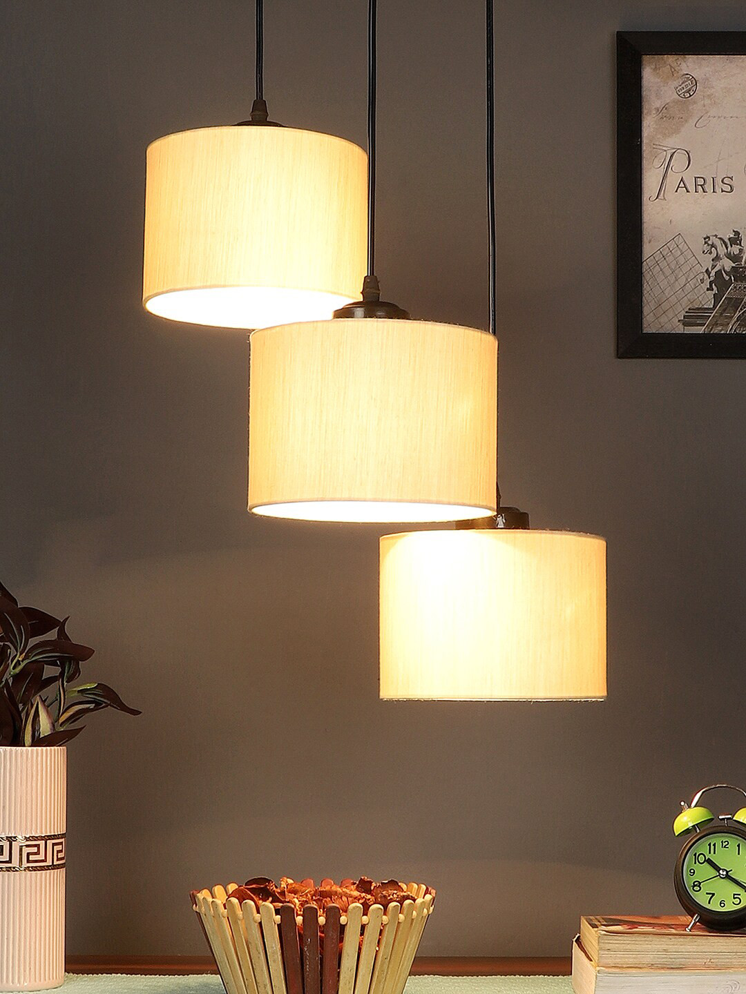 Devansh Off-White Cotton Round Drum Cluster Hanging Lamp