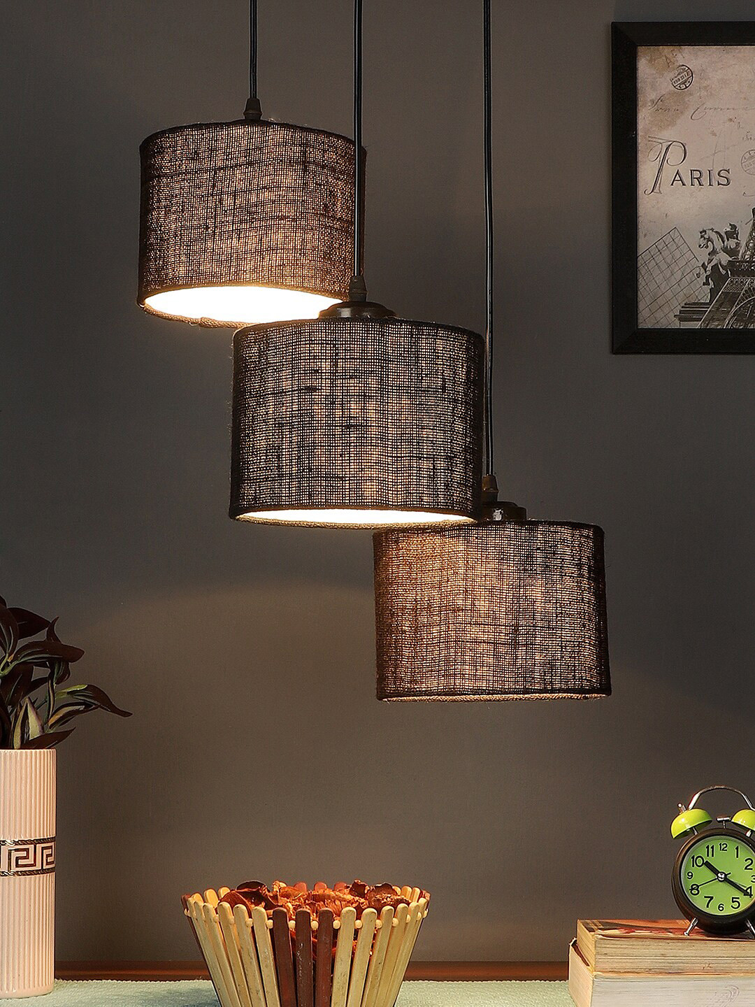 Devansh Black Jute Round Drum Cluster Hanging Lamp