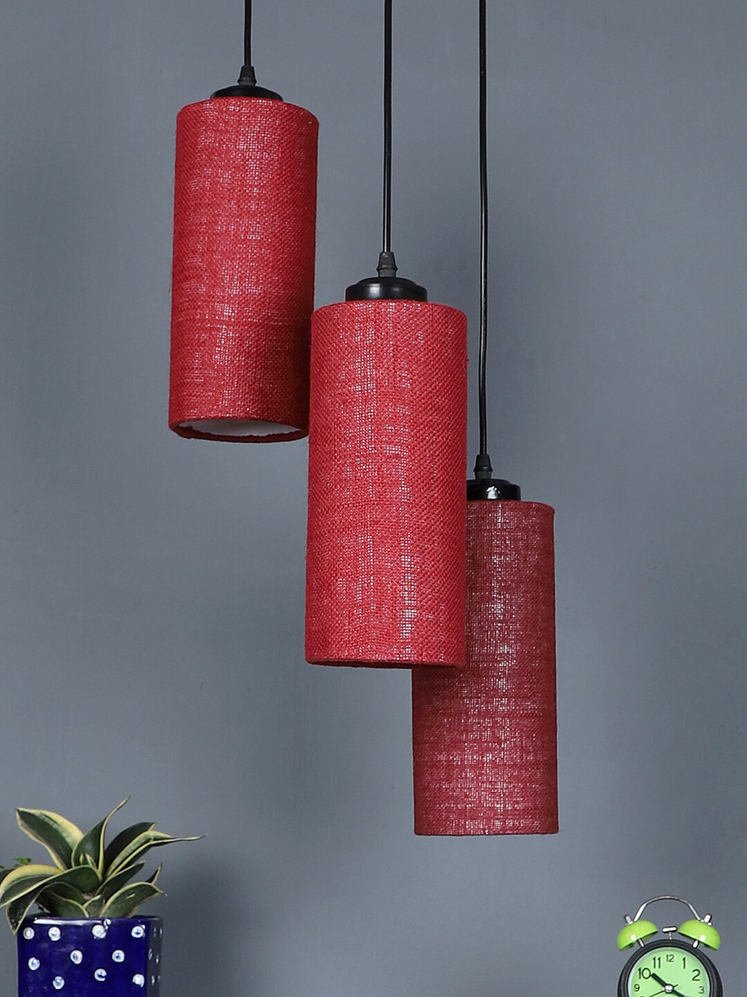 Devansh Maroon Jute Triple Cylindrical Cluster Hanging Lamp