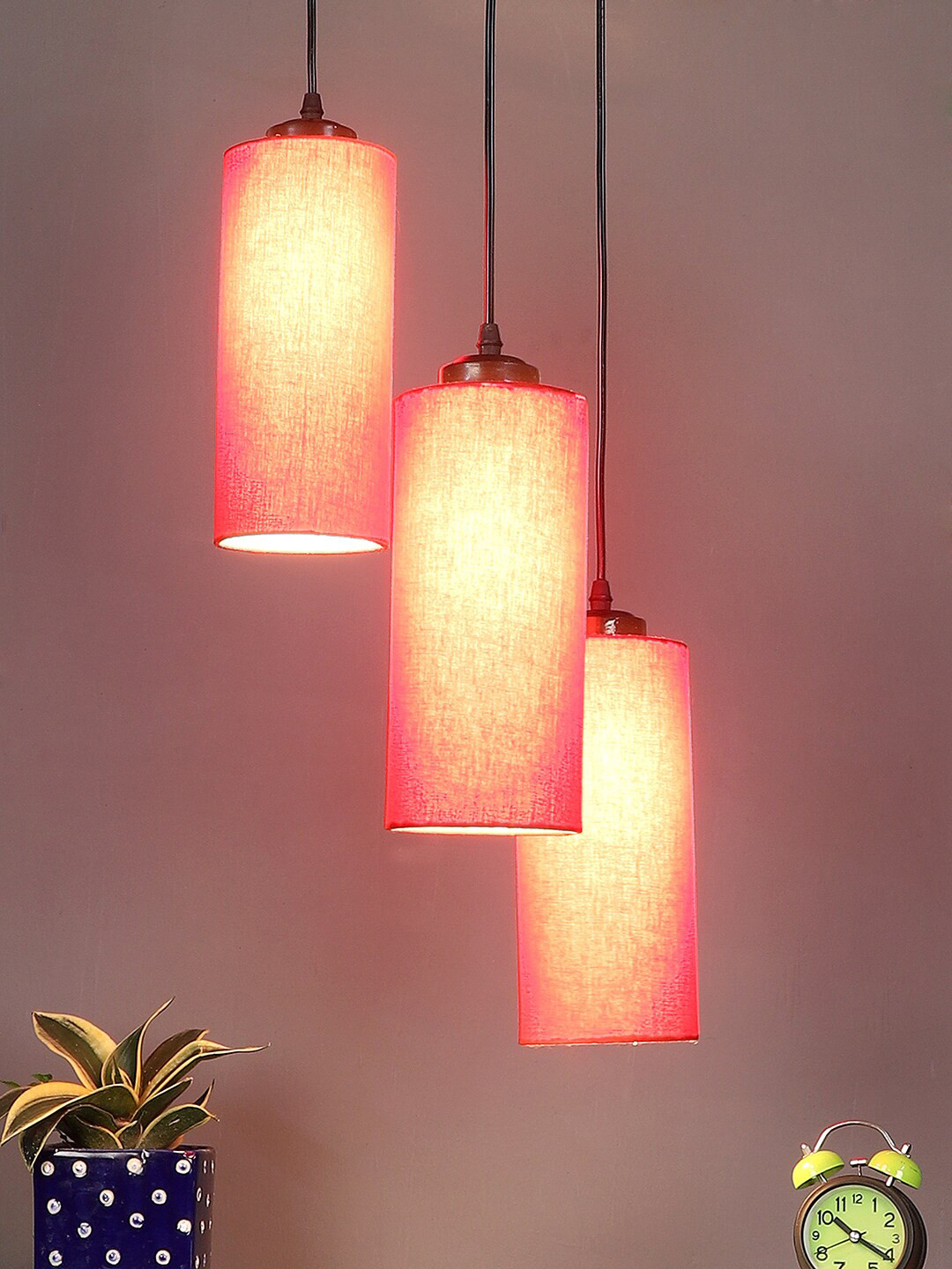 Devansh Red Set Of 3 Cotton Cylindrical Cluster Hanging Lamp