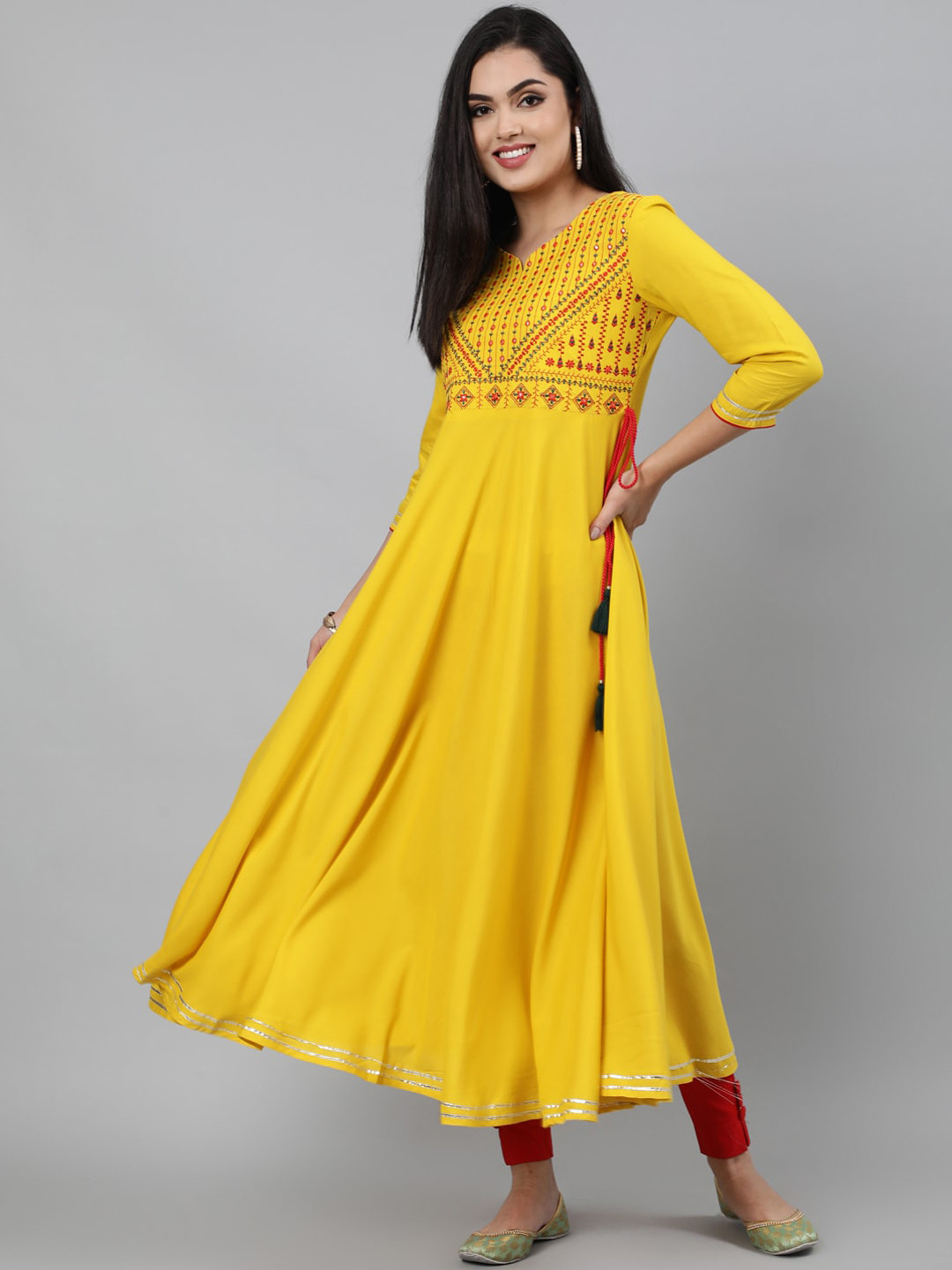 KIMAYRA Women Mustard Yellow Yoke Design Keyhole Neck Anarkali Kurta
