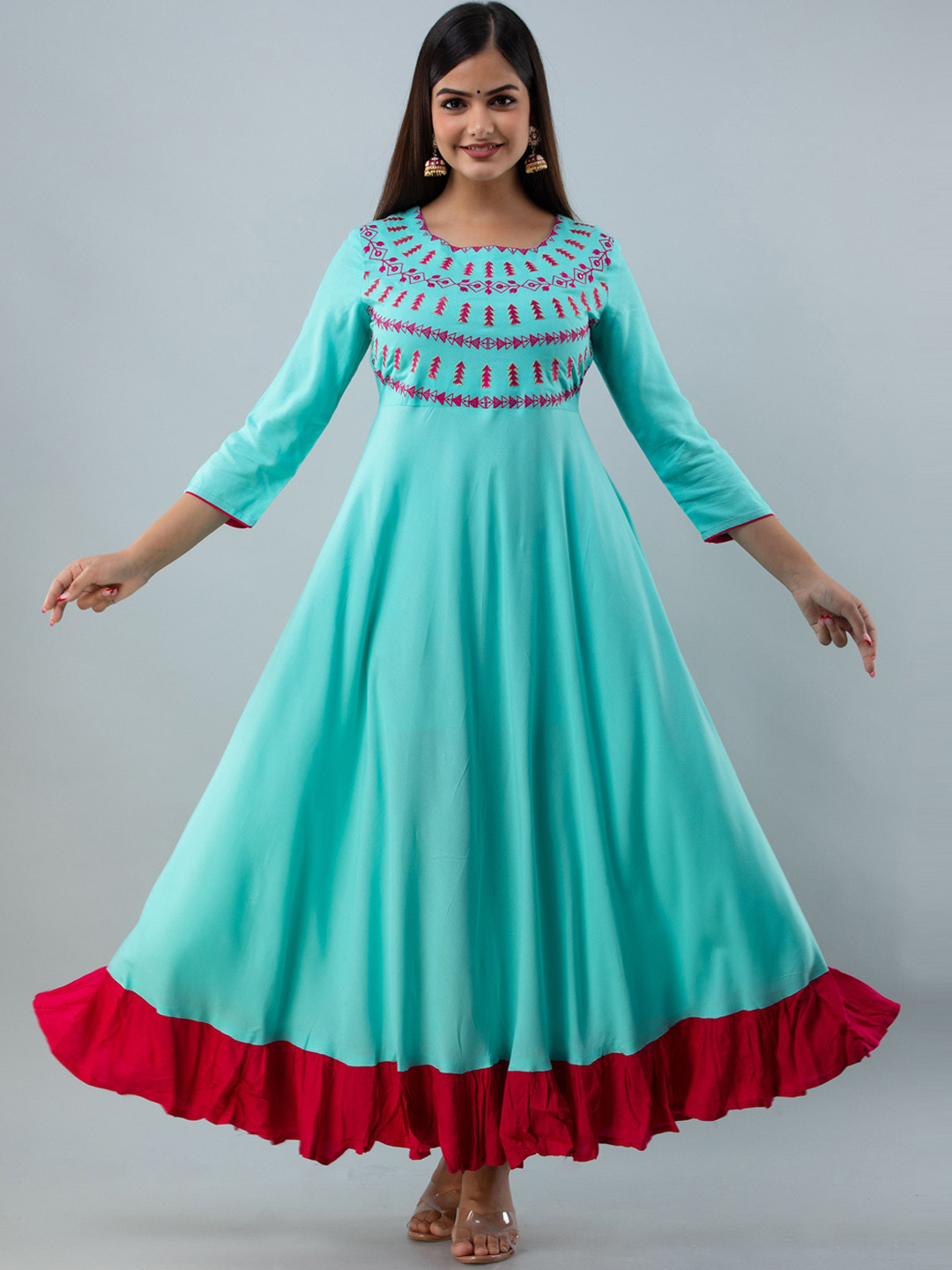 KIMAYRA Women Green Ethnic Motifs Embroidered Anarkali Kurta