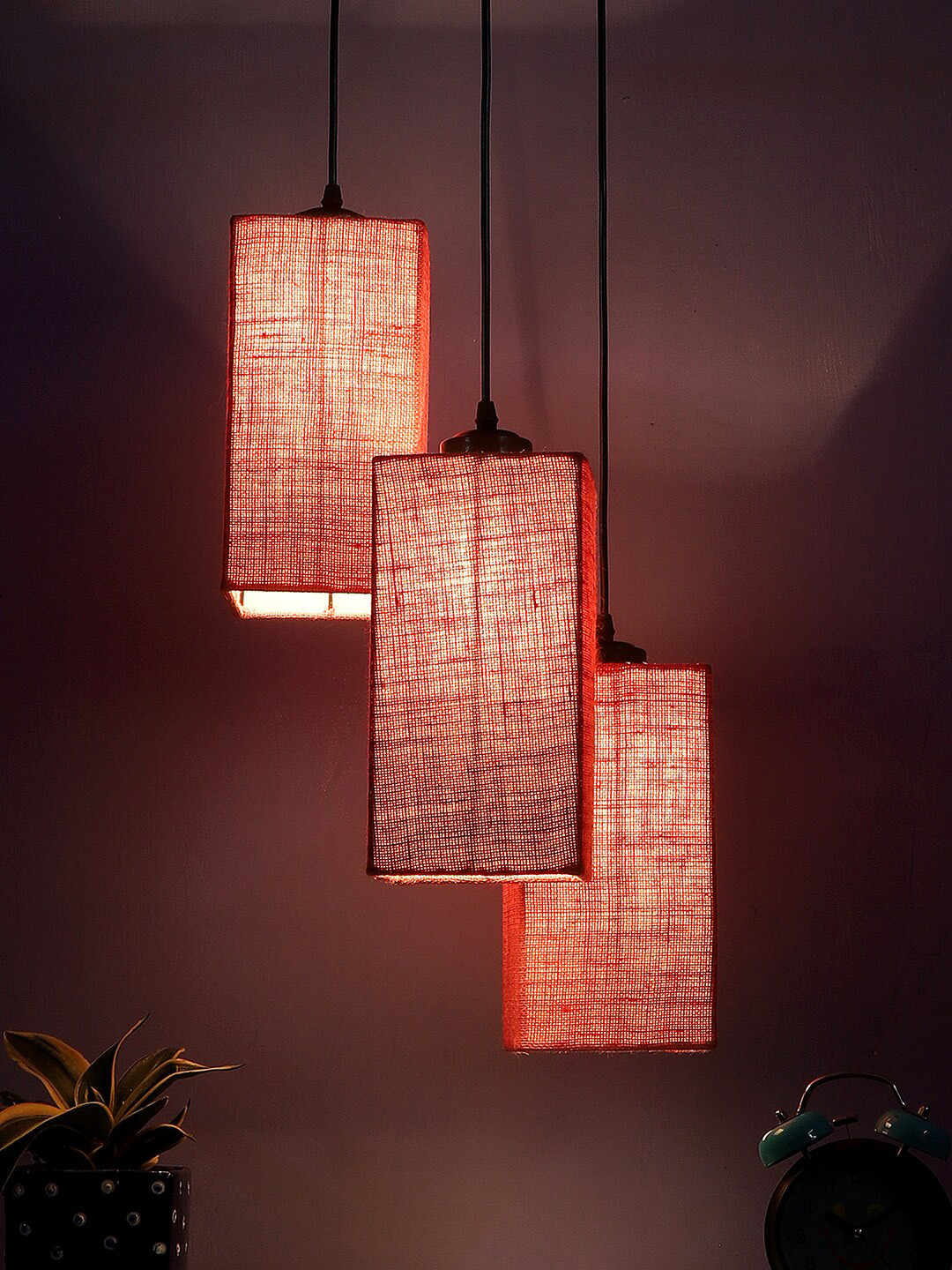 Devansh Pink Jute Triple Square Cluster Hanging Lamp