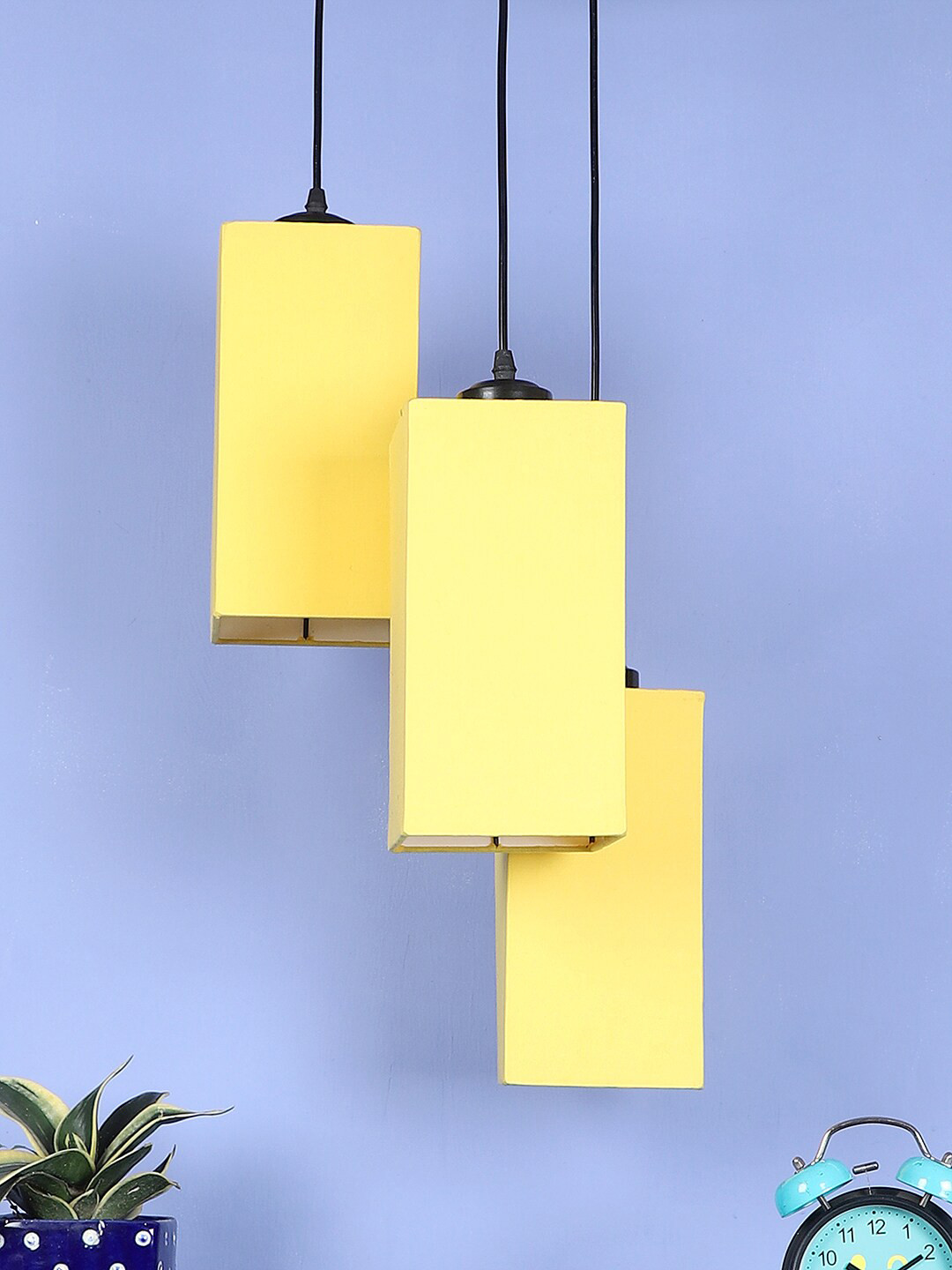Devansh 3 Pieces Yellow Solid Jute Pyramid Ceiling Lamps