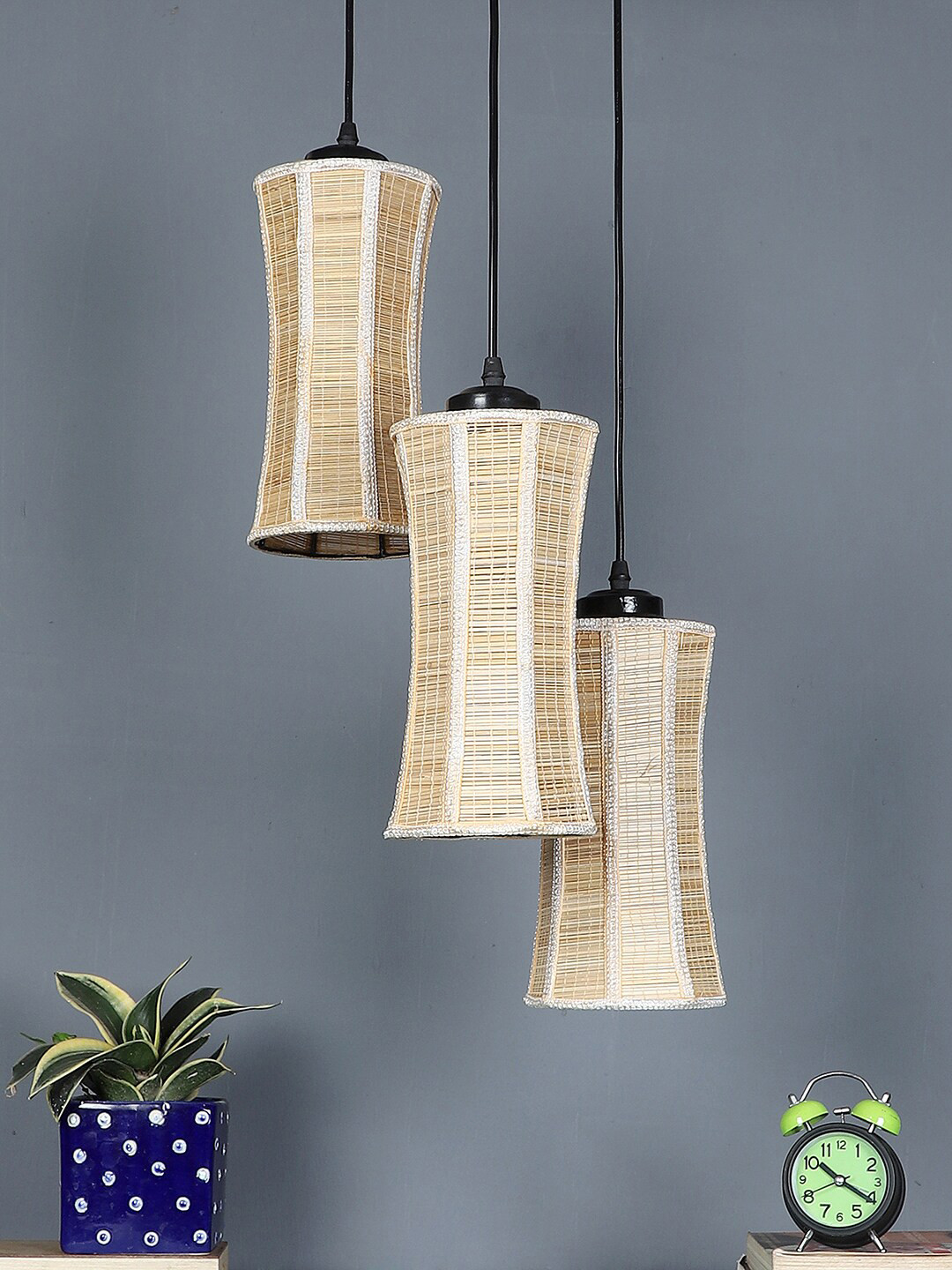 Devansh Beige Bamboo Cylindrical Textured Hanging Lamp