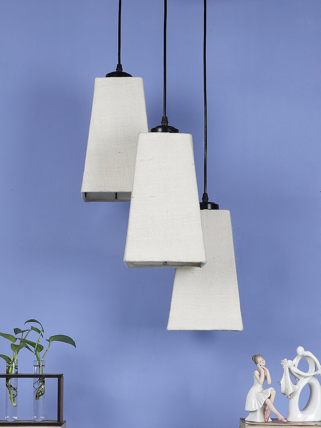 Devansh 3 Pieces White Solid Jute Pyramid Ceiling Lamps