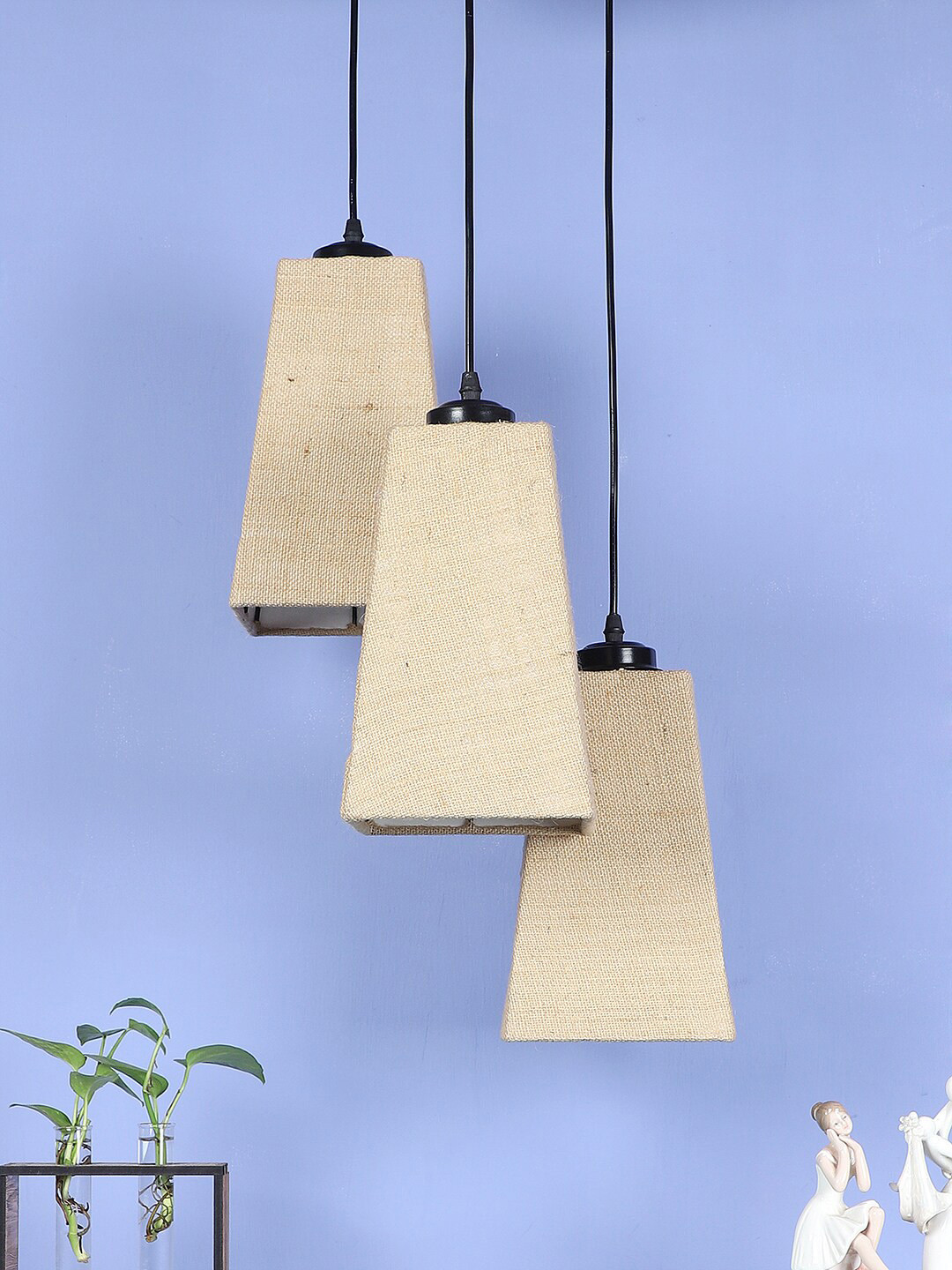 Devansh Beige Set Of 3 Jute Pyramid Cluster Hanging Lamp