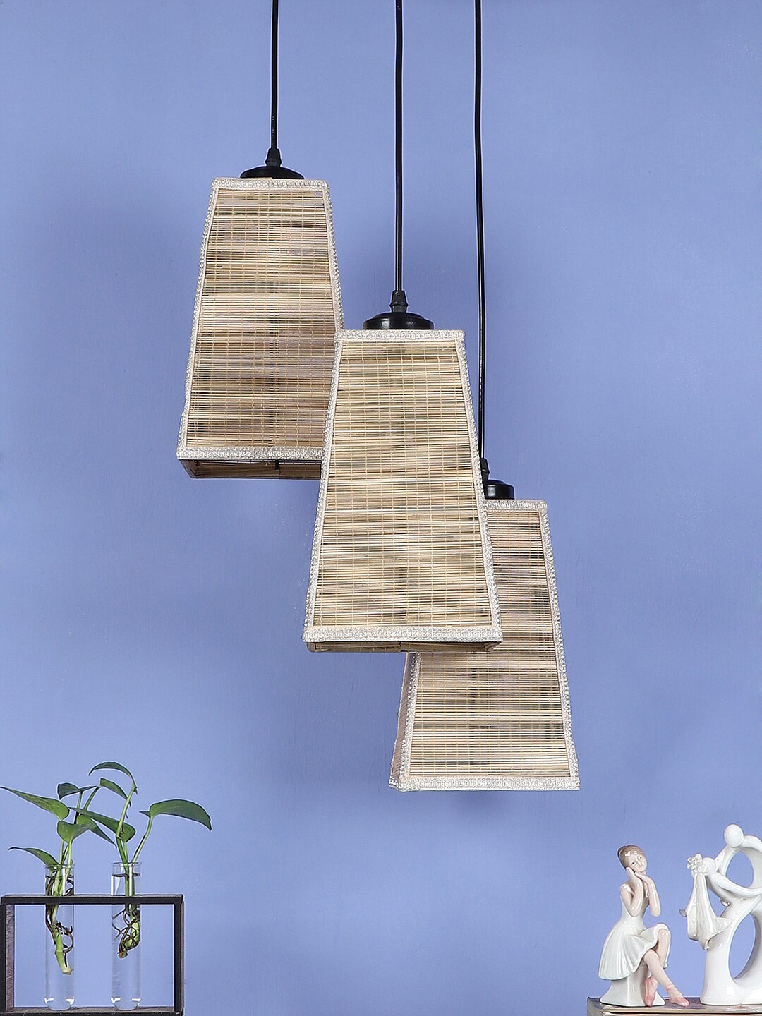 Devansh Beige Set Of 3 Pyramid Bamboo Cluster Hanging Lamp