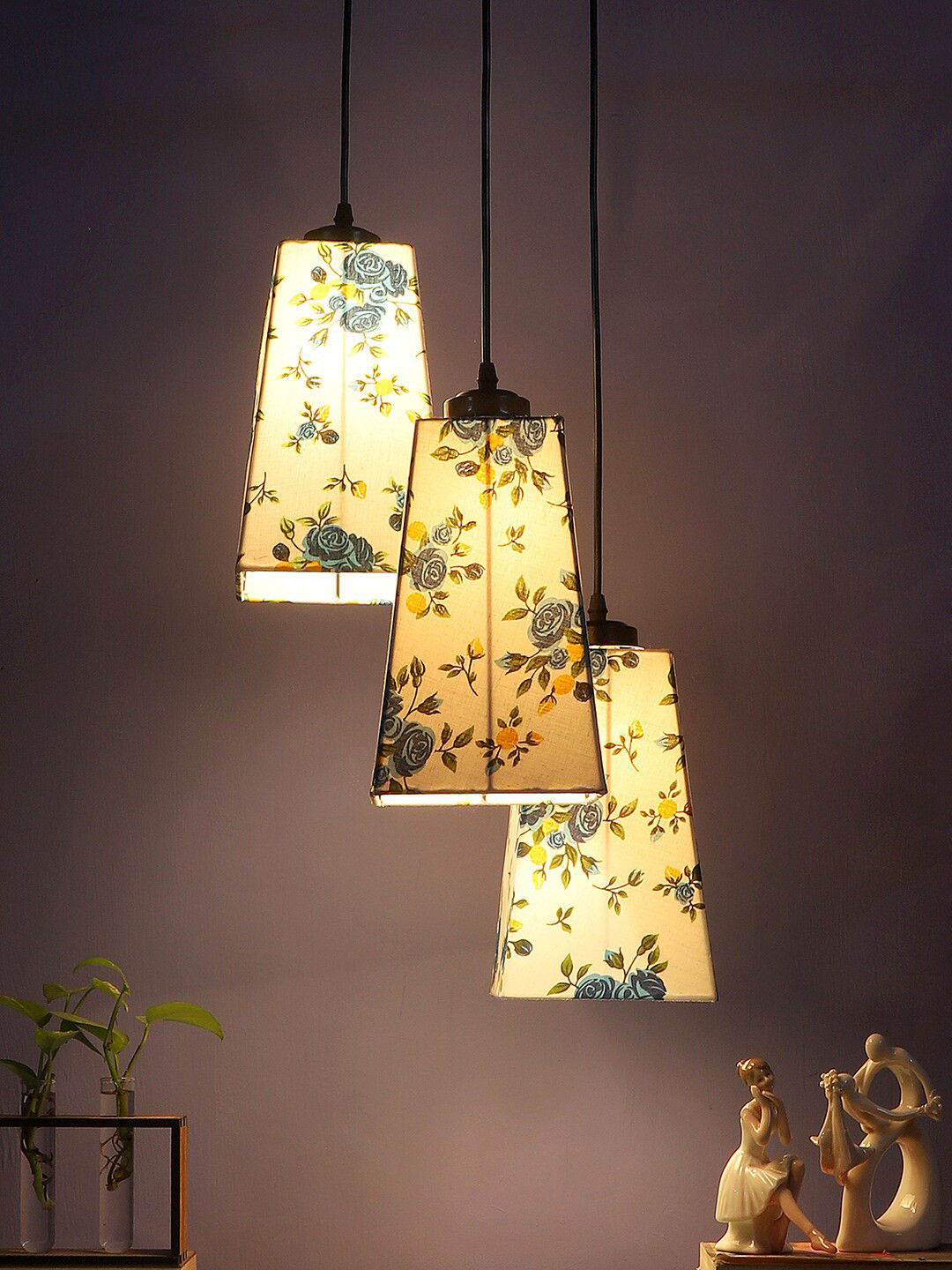 Devansh White Set Of 3 Cotton Pyramid Drum Cluster Hanging Lamp