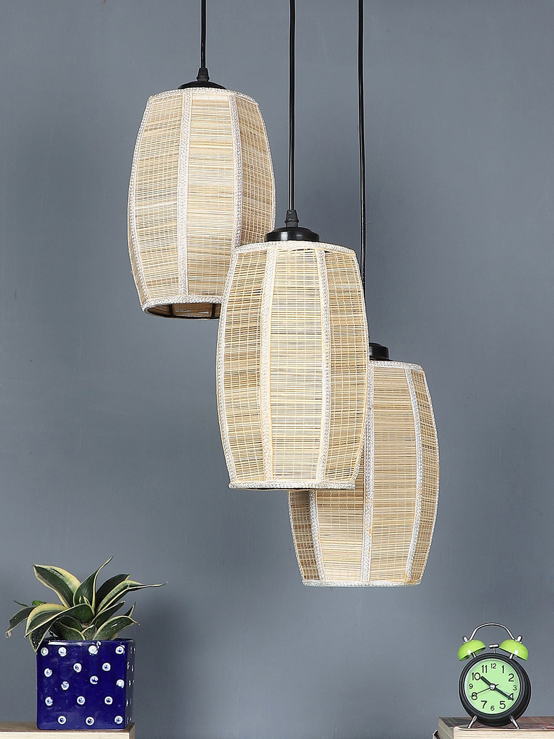 Devansh 3 Pieces Beige Bamboo Round Dholak Ceiling Lamps