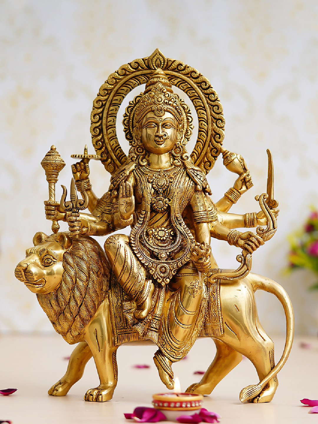 eCraftIndia Goddess Durga Maa on Lion Gold Brass Metallic Prayer Room Hand-Crafted Small Showpiece - 14.6 Inches
