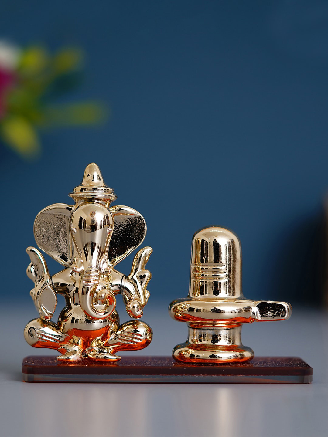 eCraftIndia Lord Ganesha with Shivling Orange Crystal Natural Prayer Room Small Showpiece - 3.1 Inches
