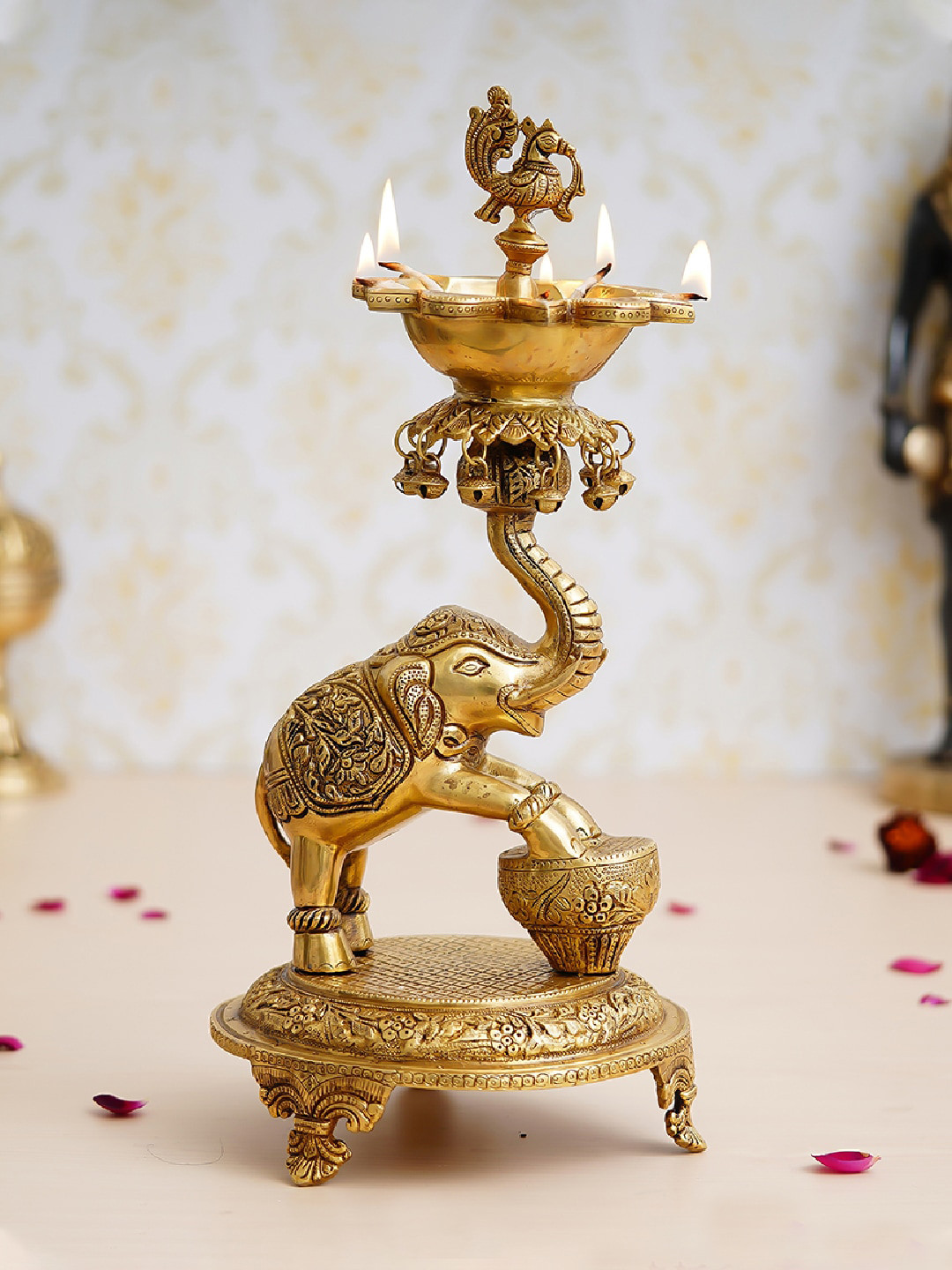 eCraftIndia Elephant Diya Stand Gold Brass Metallic Living Room Small Showpiece - 8.3 Inches
