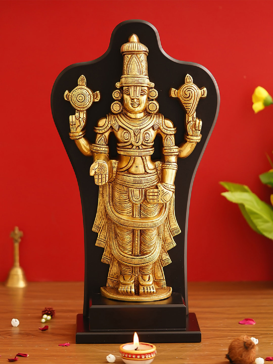 eCraftIndia Golden Decorative Lord Balaji Brass Handcrafted Statue on Wooden Base Showpiece