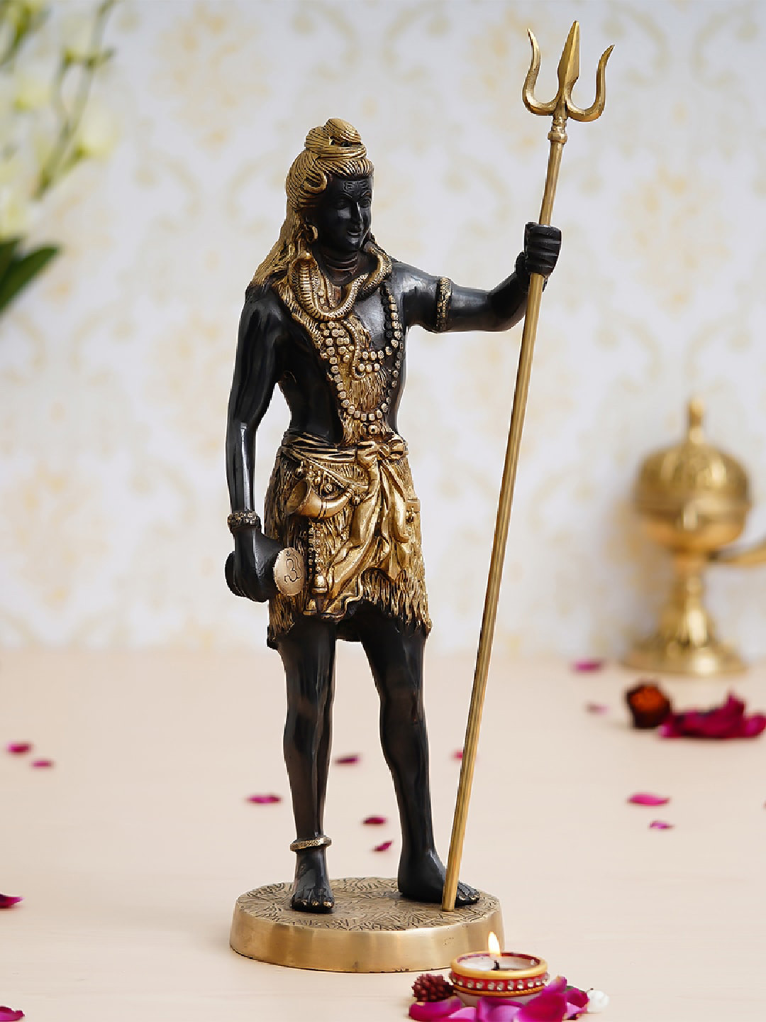 eCraftIndia Lord Shiva with Trishul Gold Brass Metallic Prayer Room Hand-Crafted Small Showpiece - 19.3 Inches