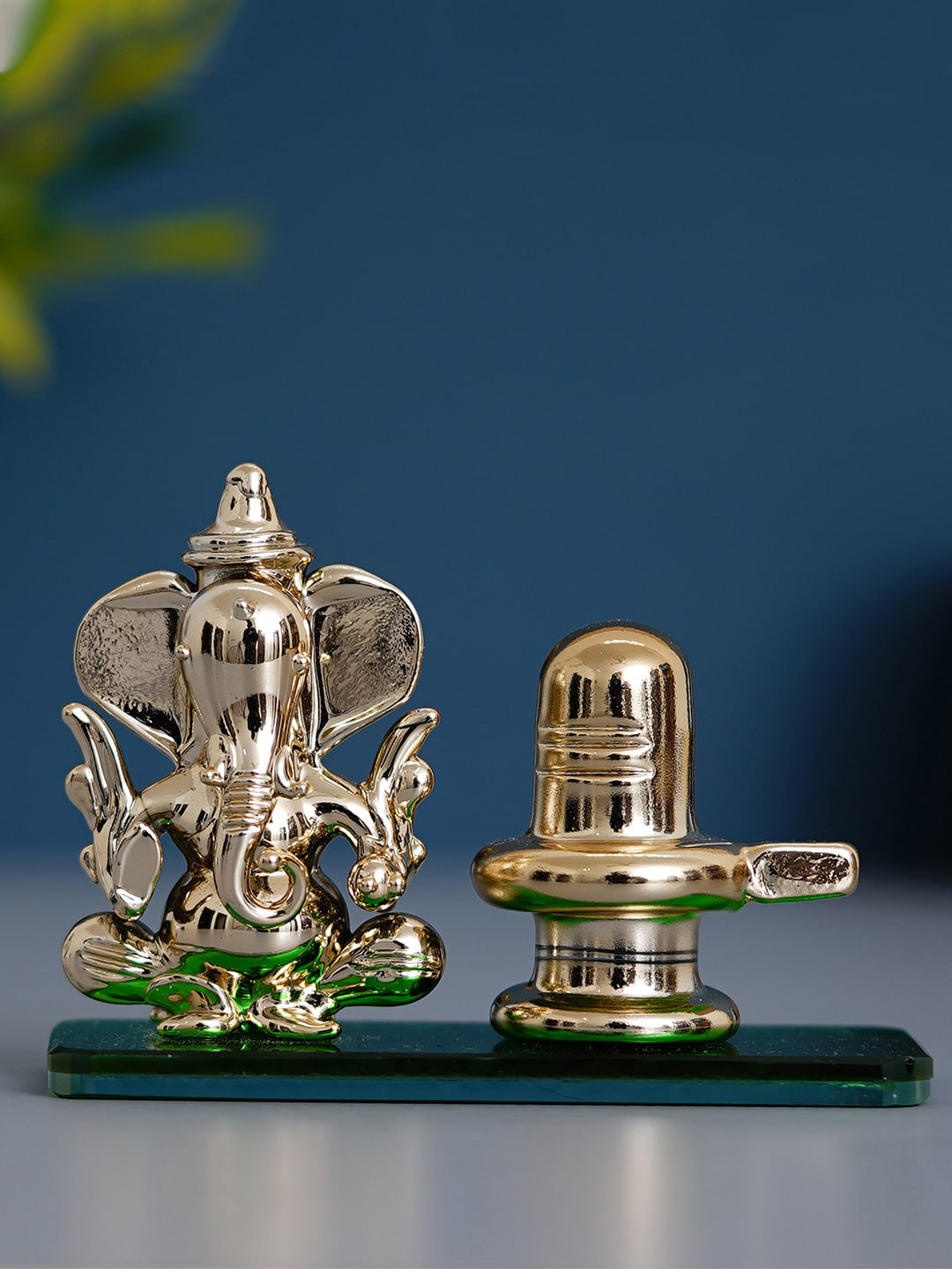 eCraftIndia Lord Ganesha with Shivling Green Crystal Glossy Prayer Room Tiny Showpiece - 1.5 Inches