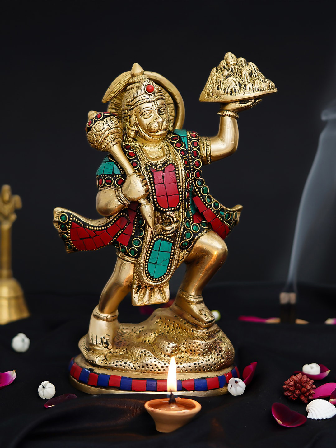 eCraftIndia Gold-Toned & Stone Work Lord Hanuman carrying Sanjeevani Mountain Showpieces