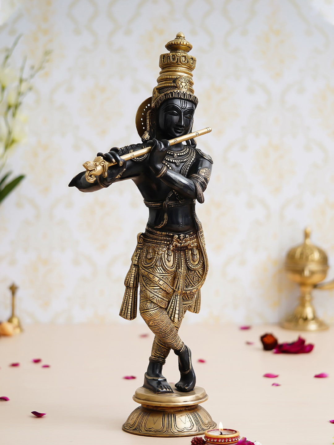 eCraftIndia Lord Krishna Playing Flute Gold Brass Metallic Prayer Room Music Large Showpiece - 9.1 Inches