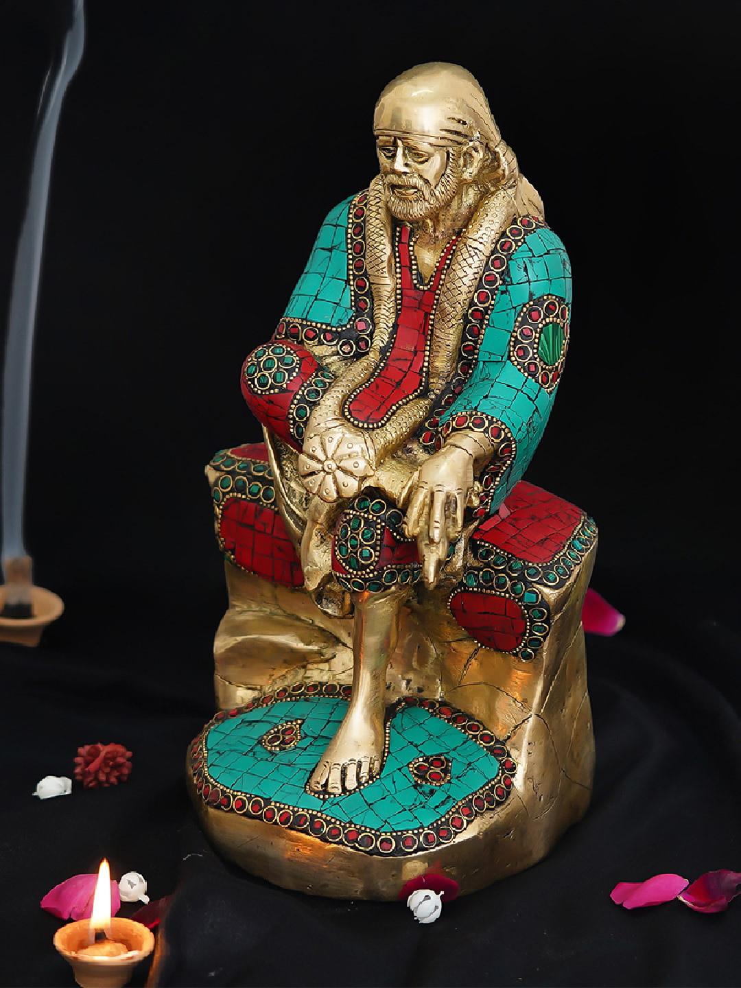 eCraftIndia Sai Baba Gold Brass Metallic Prayer Room Hand-Crafted Tiny Showpiece - 11 Inches