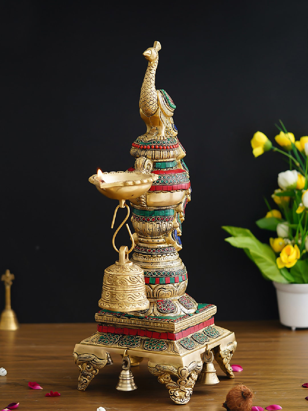 eCraftIndia Peacock Diya Stand and Bell Multicoloured Brass Metallic Prayer Room Hand-Crafted Medium Showpiece - 20.1 Inches