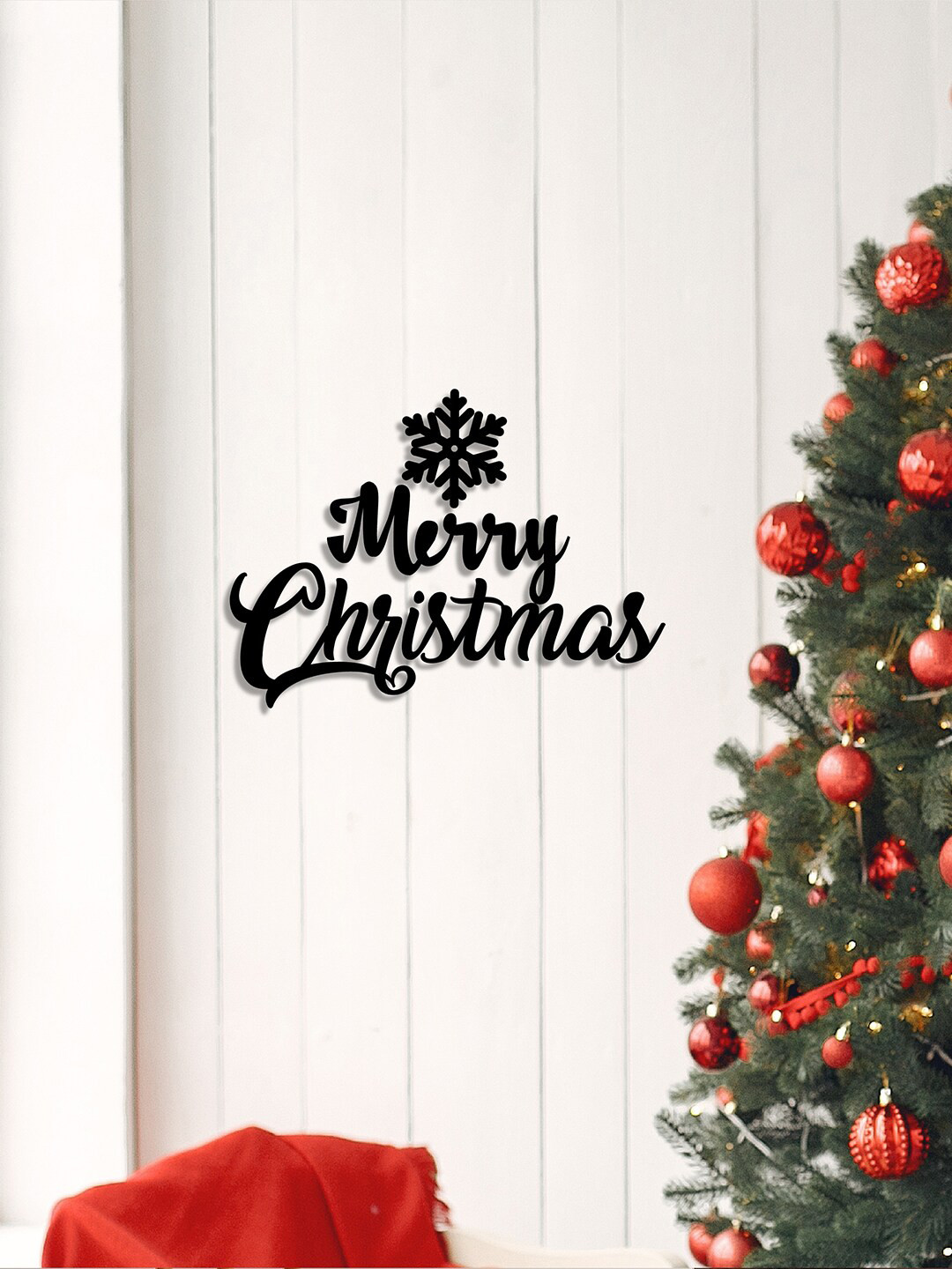 eCraftIndia Snow Flakes Merry Christmas Wood Matte Hall 3Pcs Spiritual Wall Decor-7.9In