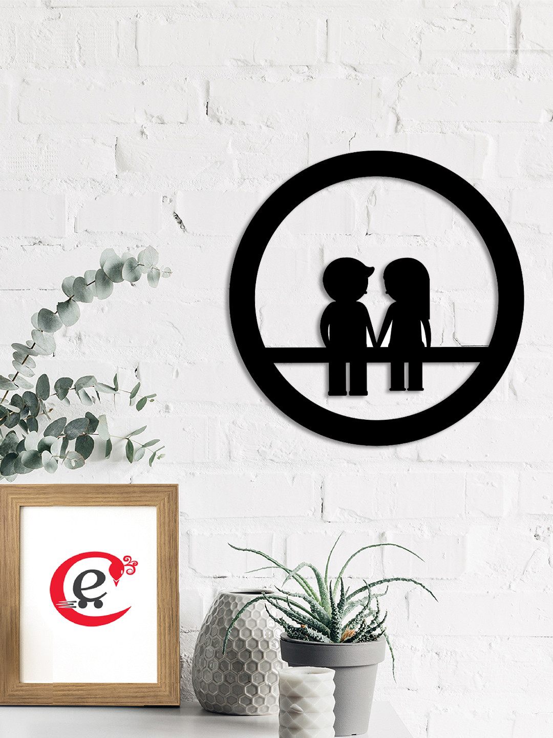 eCraftIndia Couple sitting on Bench Wood Matte Hanging Hall Signs and Plaques-12In