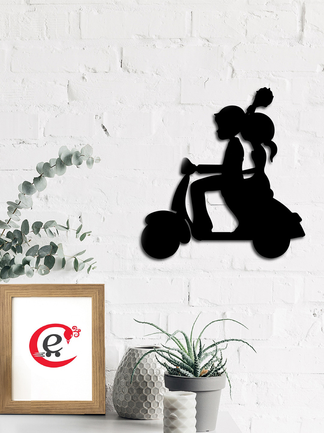 eCraftIndia Couple on Scooter Wood Matte Hanging Hall Signs and Plaques-13.5In