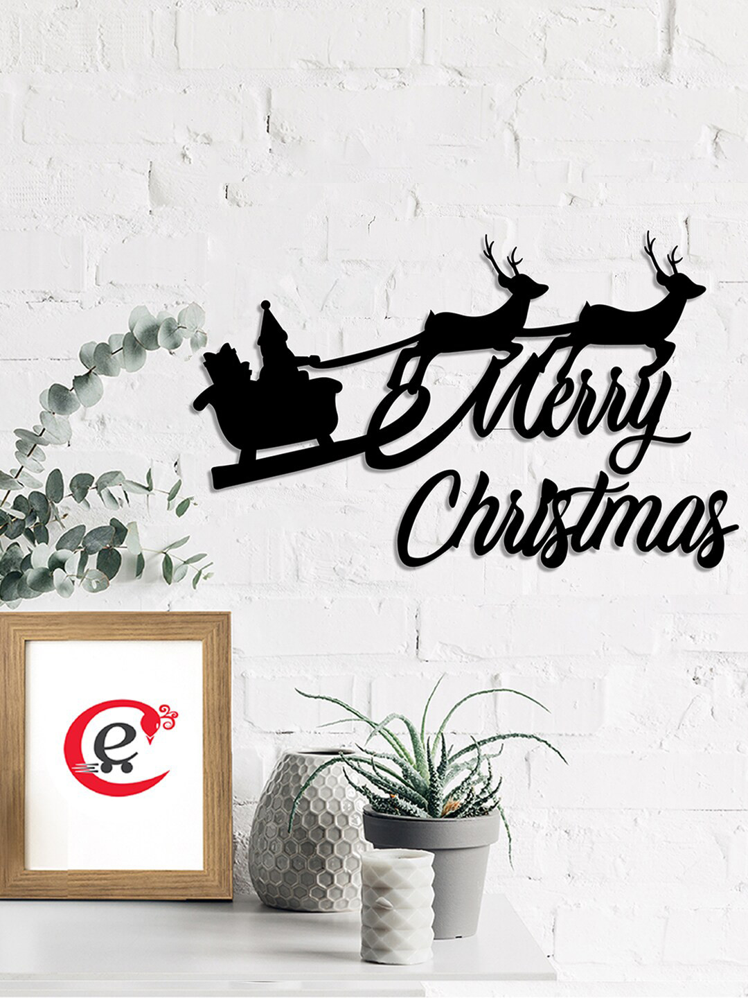 eCraftIndia Santa with Reindeer Wood Matte Hanging Hall Spiritual Wall Decor-12In