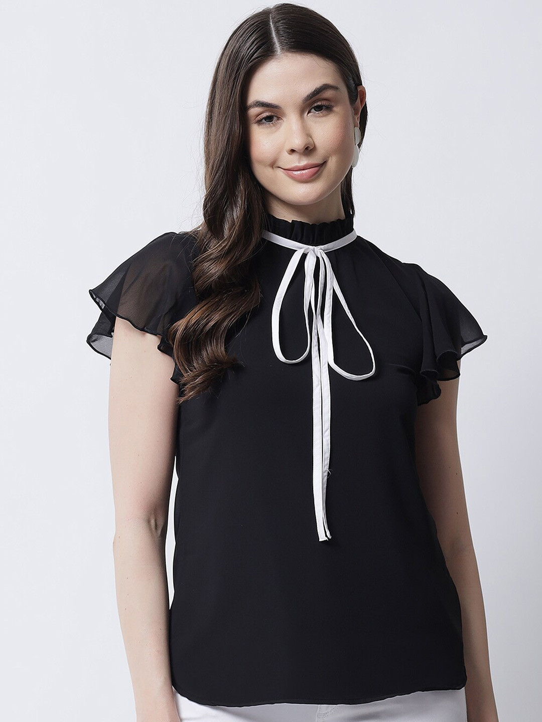 MARC LOUIS Black Tie-Up Neck Georgette Top