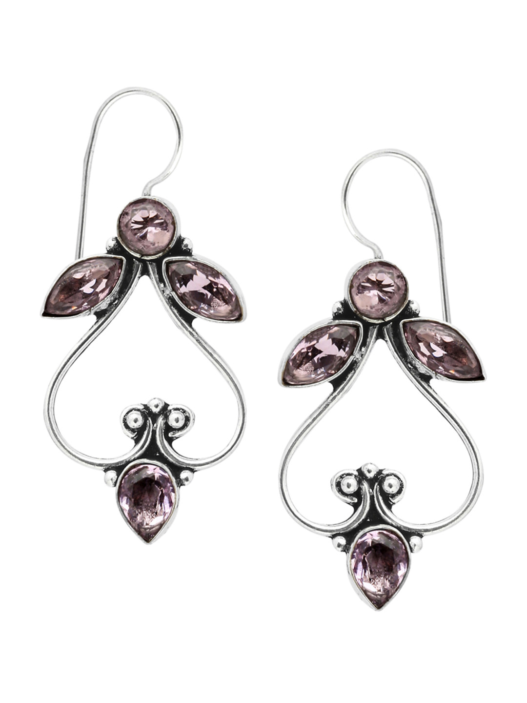 EL REGALO Silver-Plated & Purple Oxidised Artificial Stone Lantern Drop Earrings
