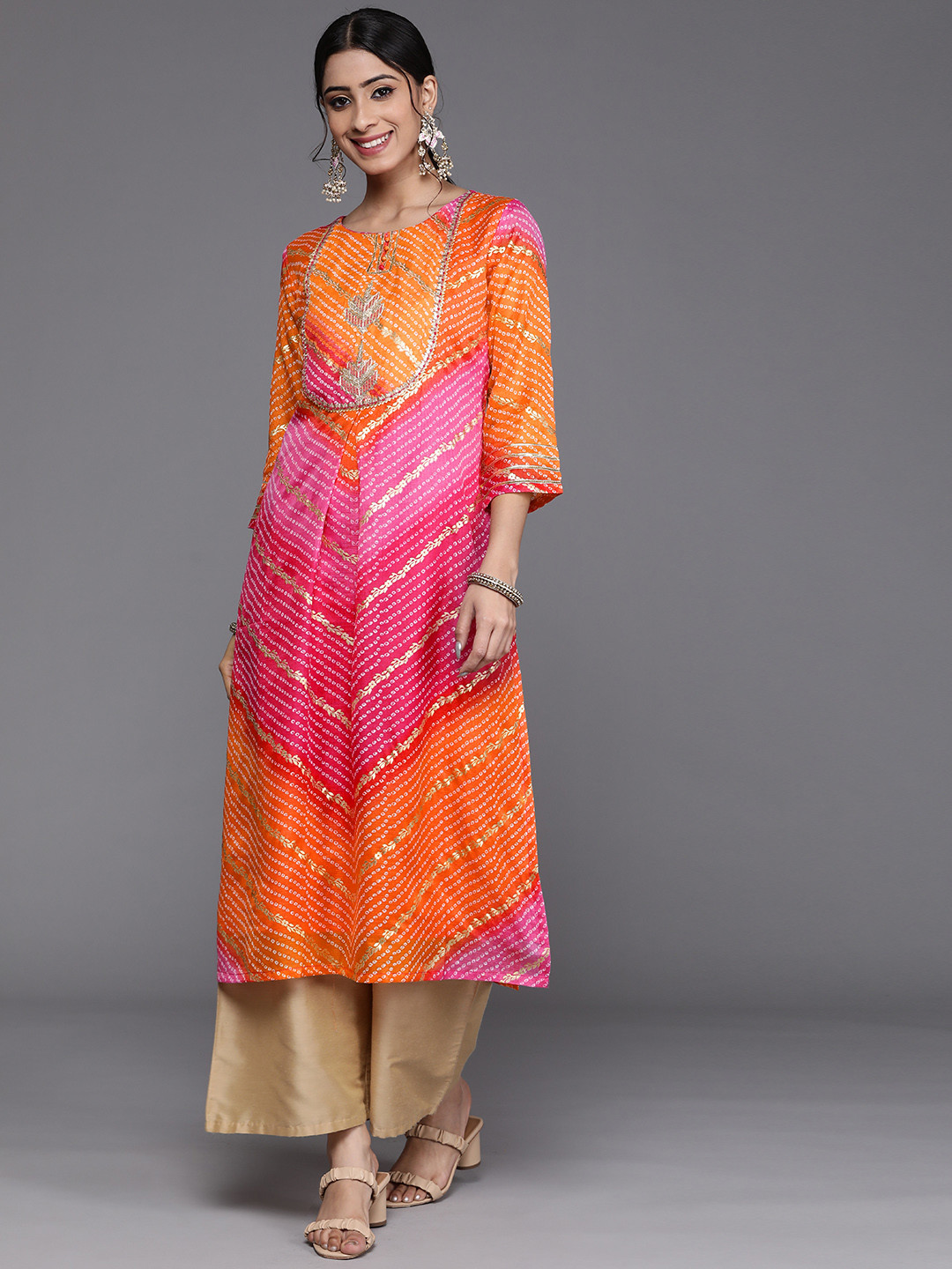 Varanga Women Pink & Orange Cotton Ethnic Motifs Printed Kurta