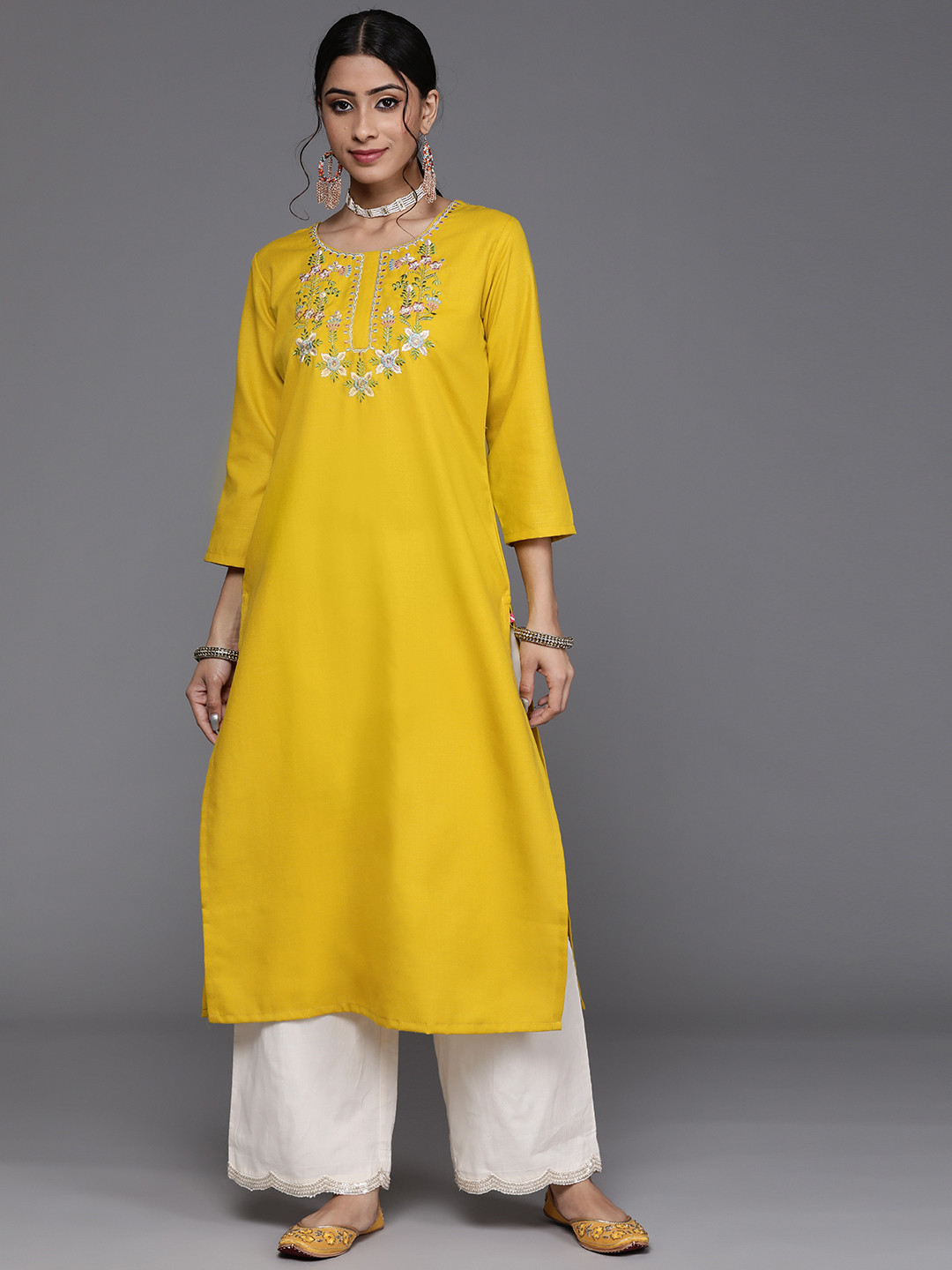 Varanga Women Yellow Pure Cotton Yoke Design Kurta