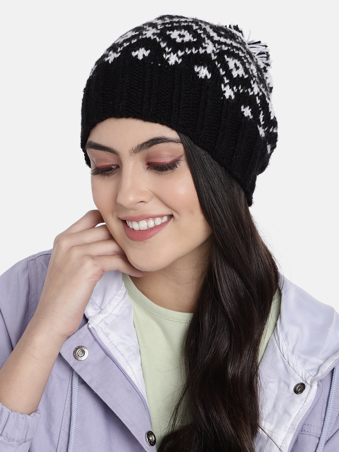 Magic Needles Unisex Black & White Self Design Beanie