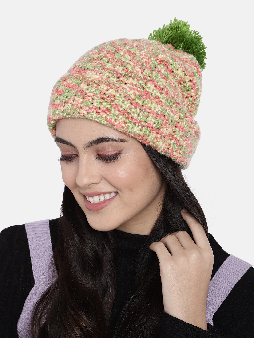 Magic Needles Unisex Green & Peach-Coloured Handmade Beanie with Pompom Detail
