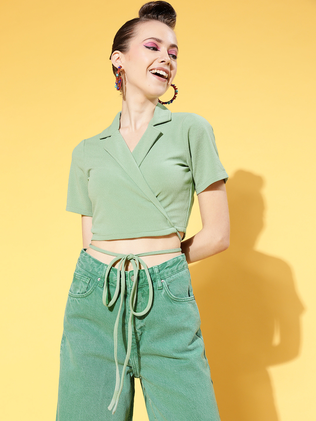 Athena Women Gorgeous Green Solid Midriff Flossing Top