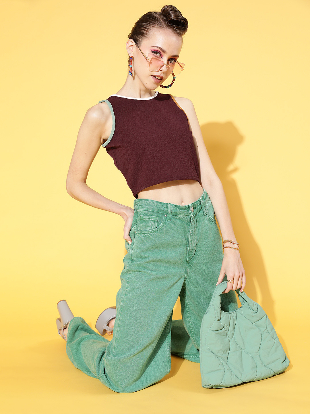 Athena Women Chic Maroon Solid Cropped Polo Top