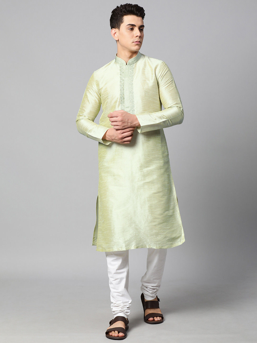 Manthan Men Green Dupion Silk Thread Work Kurta