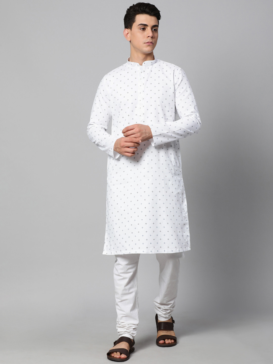 Manthan Men Off White & Blue Ethnic Motifs Print Kurta