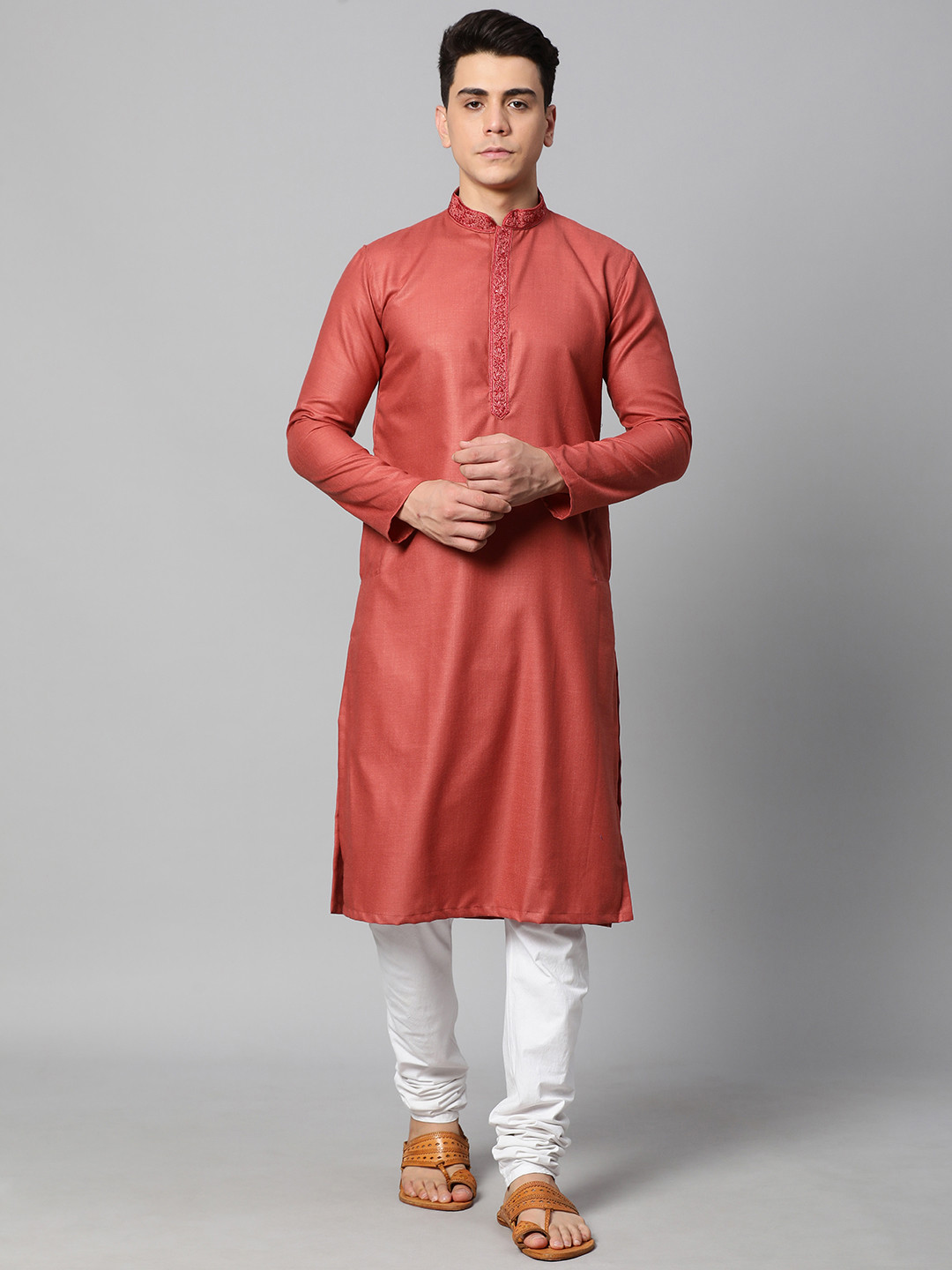 Manthan Men Rust Red Thread Work Kurta